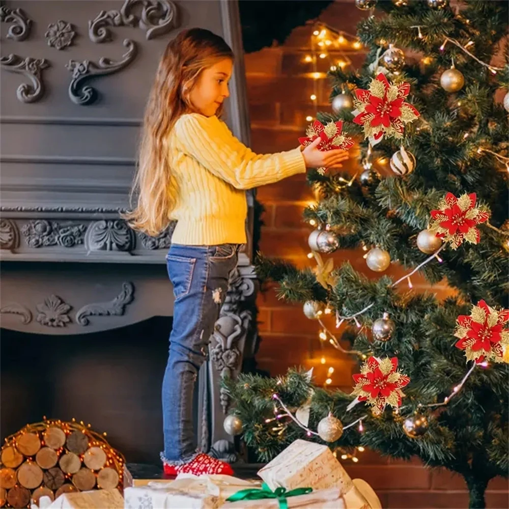 5/10 قطعة 14.5 سنتيمتر زهرة عيد الميلاد الحلي ، الوردي ، الأحمر ، الذهب ، بريق الزهور الاصطناعية لشجرة عيد الميلاد ، عيد الميلاد الديكور للمنزل #4