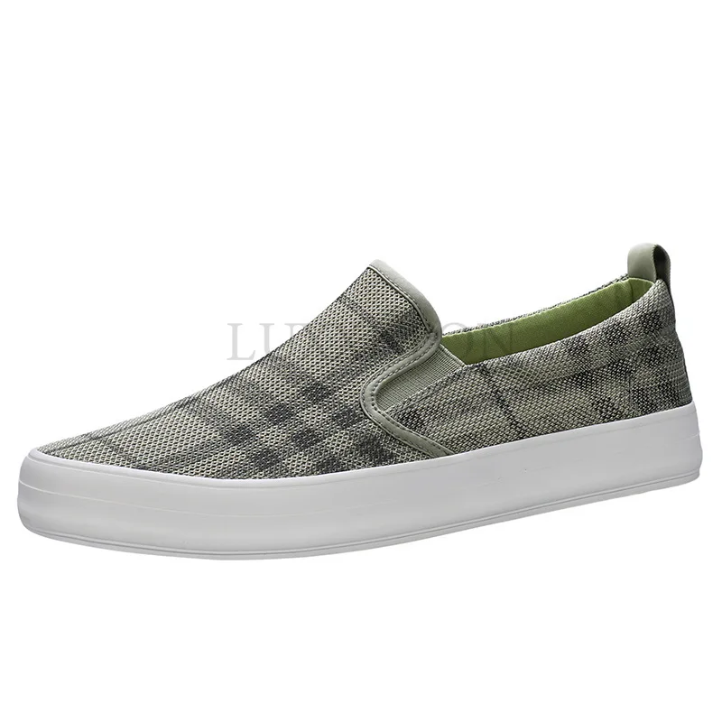 Green Plaid Canvas Sneakers for Men Designer Vulcanized Shoes Casual Breathable Low-top Slip-on Flat Shoes Zapatillas De  Hombre