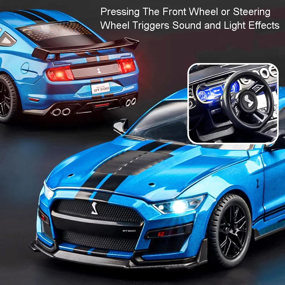 Maßstab 1:18 Mustang GT500 Spielzeug-Supercar-Modelle, Legierung, Druckguss, GTR-Sportwagen, Tonlicht, Türen geöffnet, zurückziehen, für Kindergeschenke