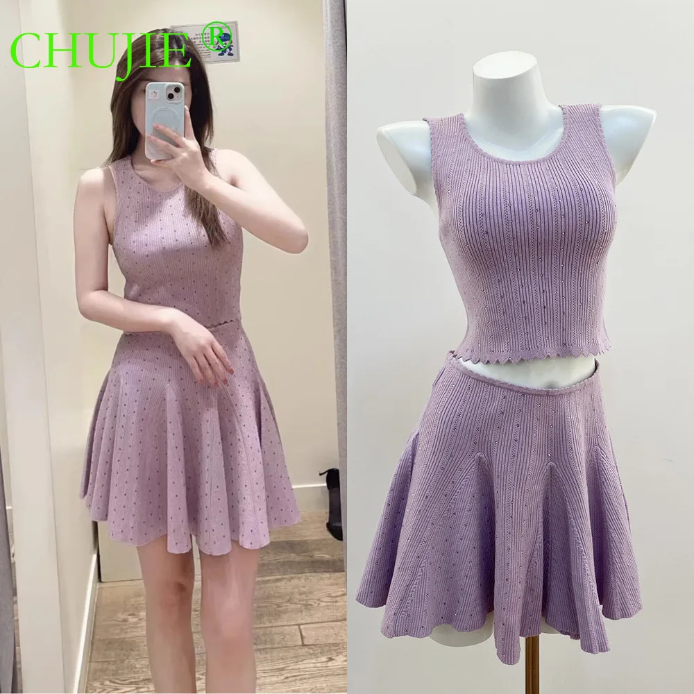 

CHUJIE 2026 Spring-Summer New Heavy Industry Hot-Fix Crystal Temperament Fashion Slim-Fitting Purple Knitted Vest + Skirt Set