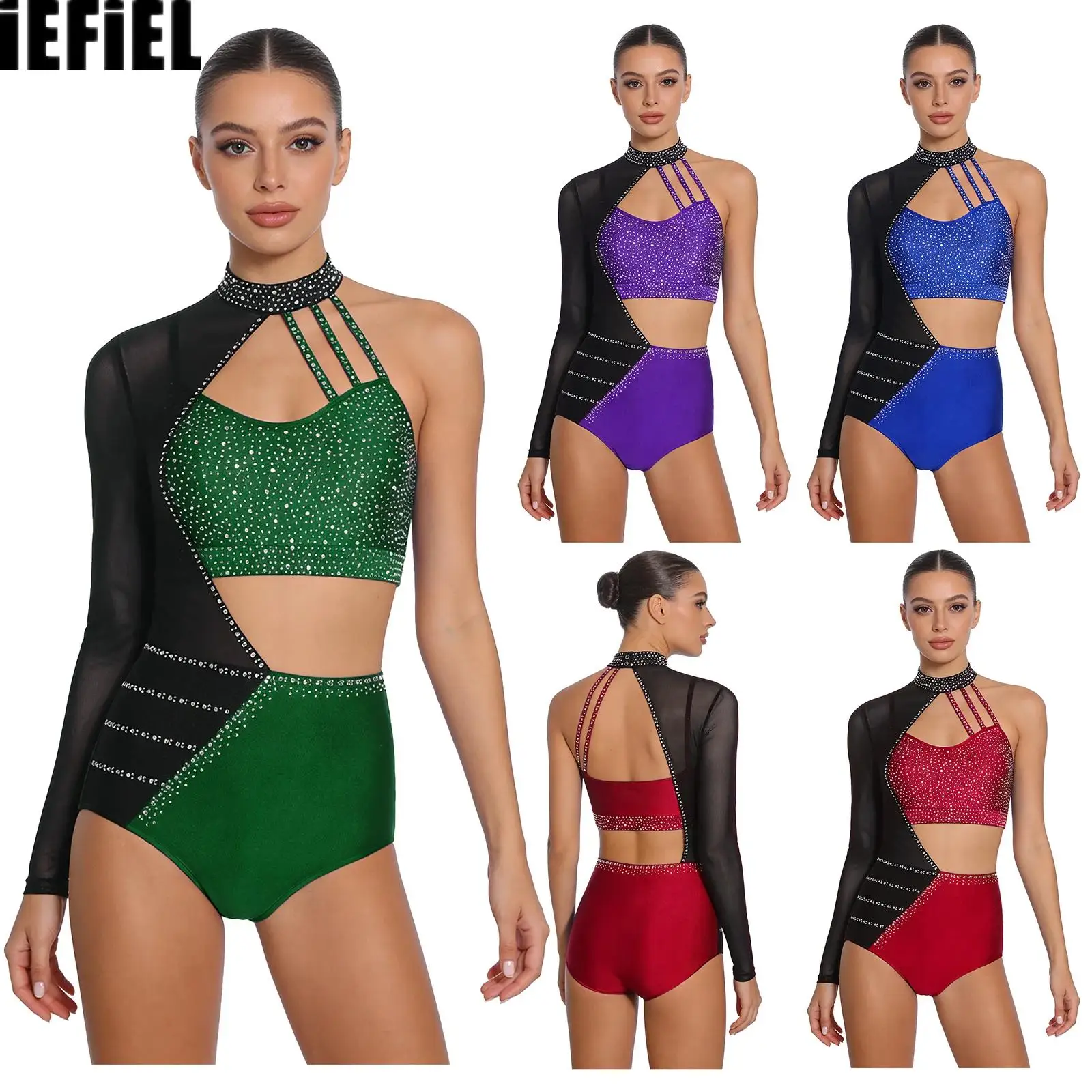 

Женский купальник для фигурного катания с асимметричными вырезами, стразами и цветовыми блоками, комбинезон для гимнастики и танго