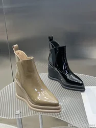 Fashion Height Increasing Wedges Ankle Boots Women Pointed Toe Platform Slip On Solid Leather Boots 2025 Simple Comfortable Boot