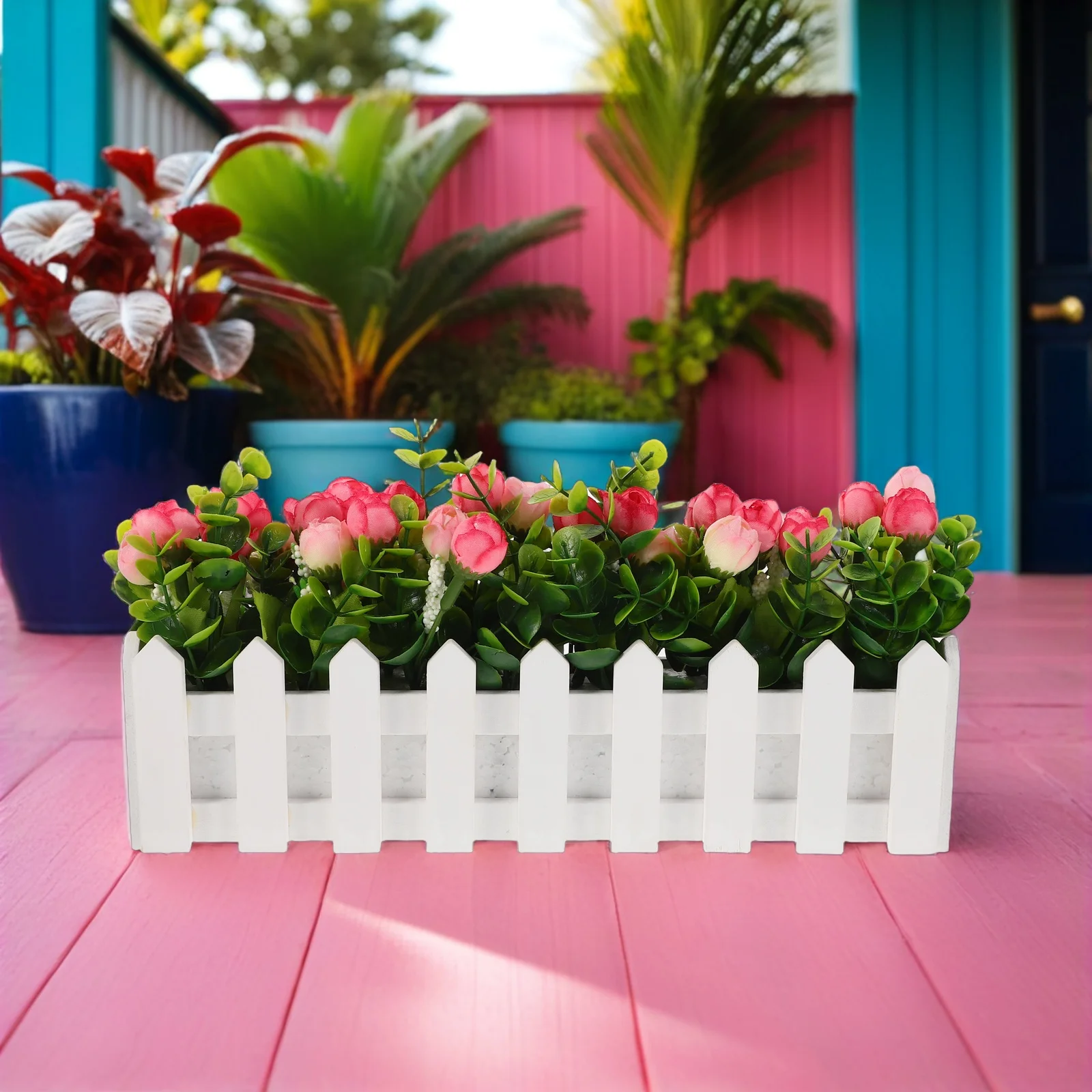 

Artificial Small Flower Buds Fence Pot Realistic Faux Flower Arrangement Outdoor Garden Patio Wedding Table Decoration