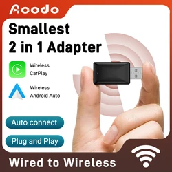 Acodo Najmniejszy Box 2w1 CarPlay i Android Auto Adapter przewodowy na bezprzewodowy Bluetooth Auto Connect Plug and Play Smart Dongle