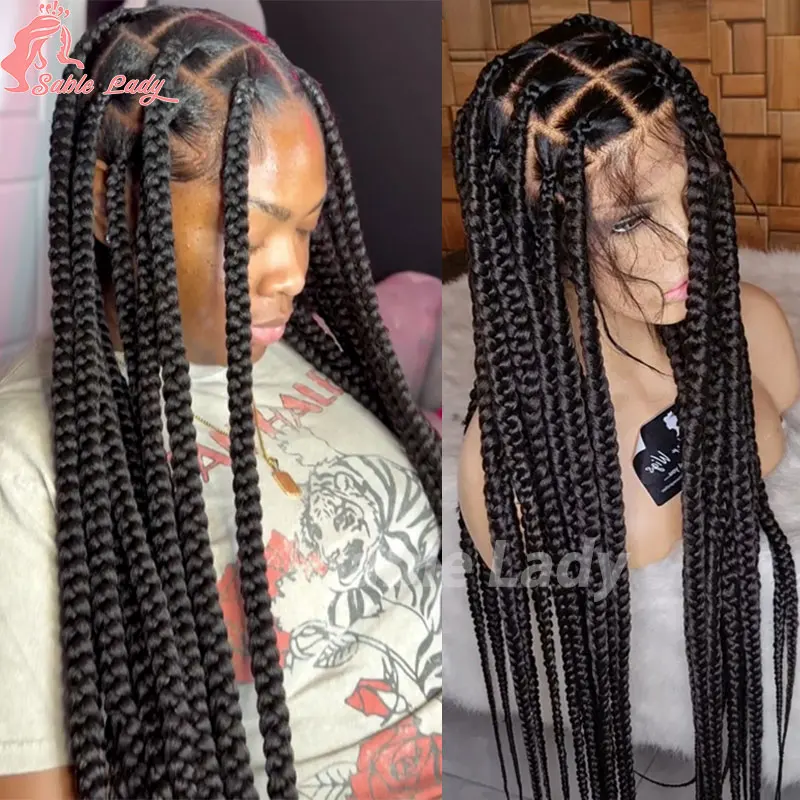 

36" Cornrow Braids Wig Full Lace Box Braided Wigs For Black Women Synthetic Lace Front Wig Square Knotless Big Box Braids Wigs