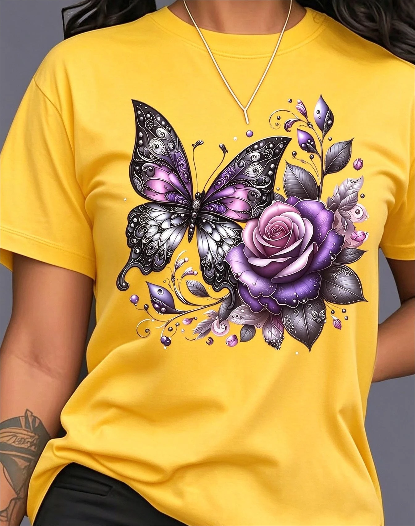 Harajuku Purple Butterfly Graphic Tees Women Fuchsia Flower Print Tshirt Dark Aesthetic Short Sleeve Casual Top Summer Clothing Female