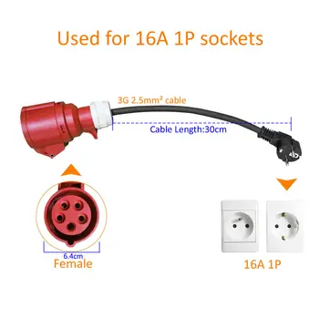 전기 자동차 충전 어댑터, 전기 자동차 충전기용 CEE 암 5 핀, 11KW 에서 3.5KW 로 변환, 16A, 1P Schuko EU 플러그