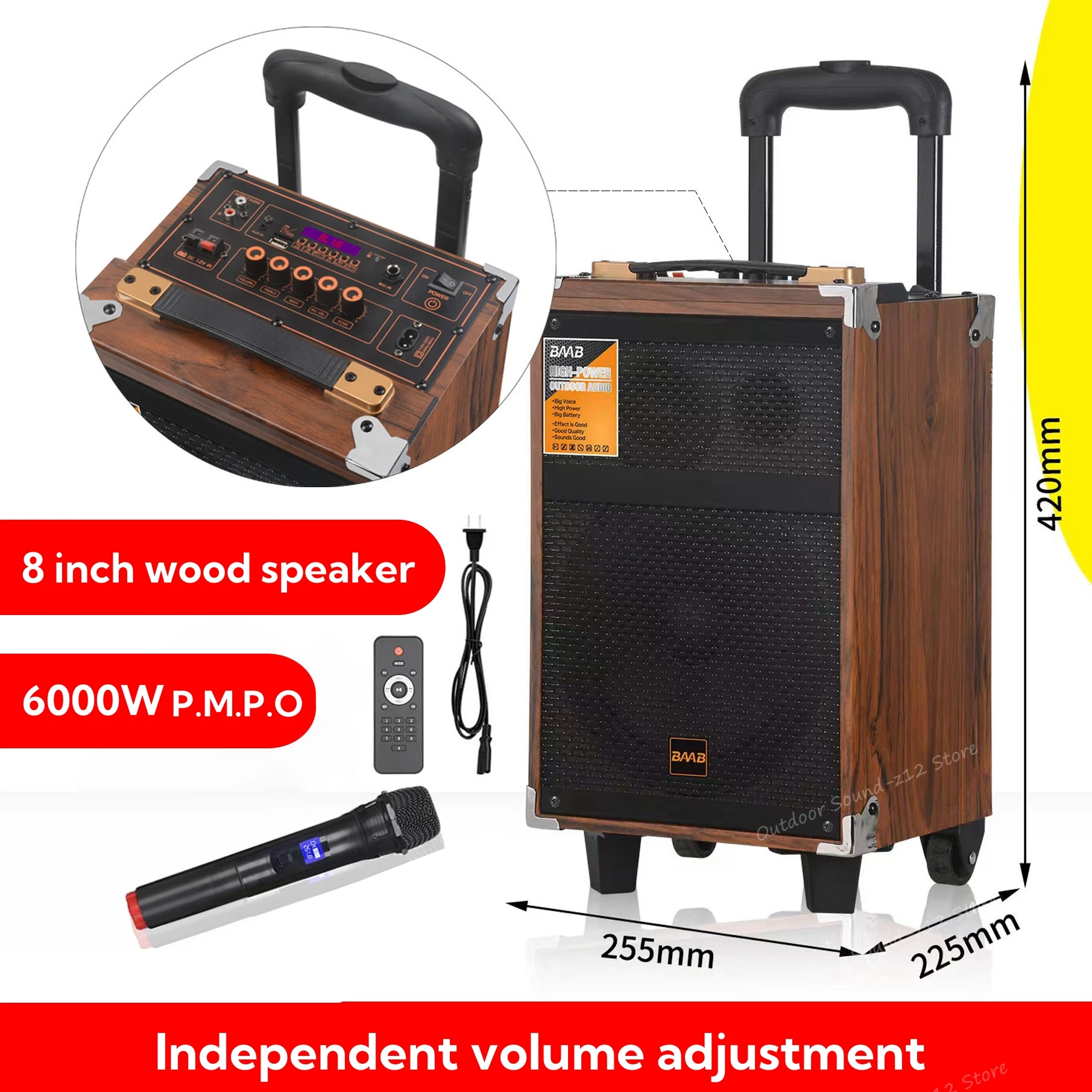 

6000W Big Power 8 Inch Bass Woofer Wooden Karaoke Speaker With Mic Wireless BT Audio Sound System HIFI Trolley DJ Party Speaker