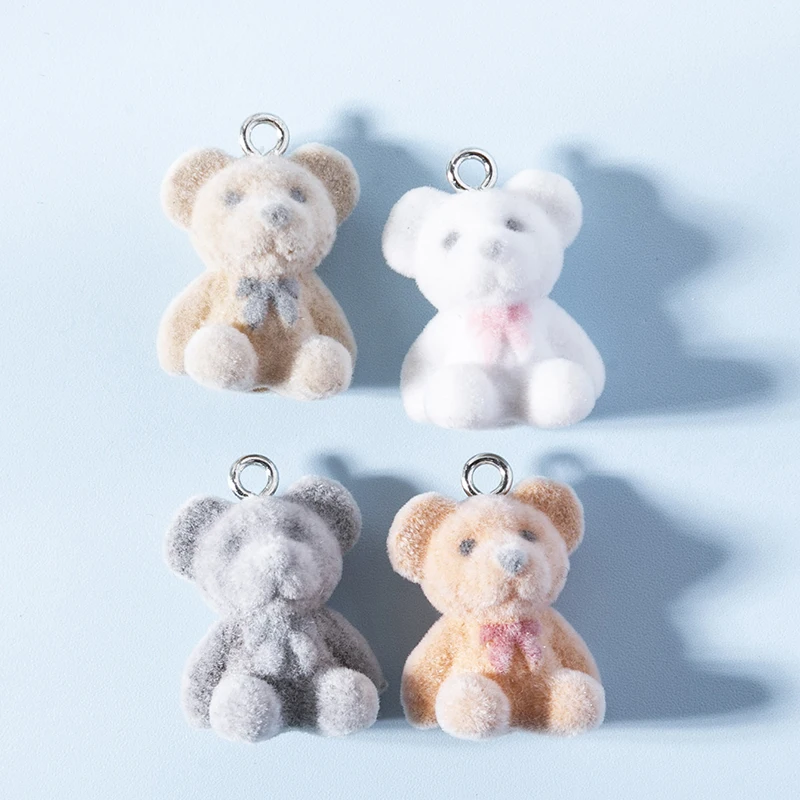 4pcs Korean Fashion Flocking Bear Charms Pendant for Girls Women Kawaii Colorful Bear Charms Jewelry DIY Accessories