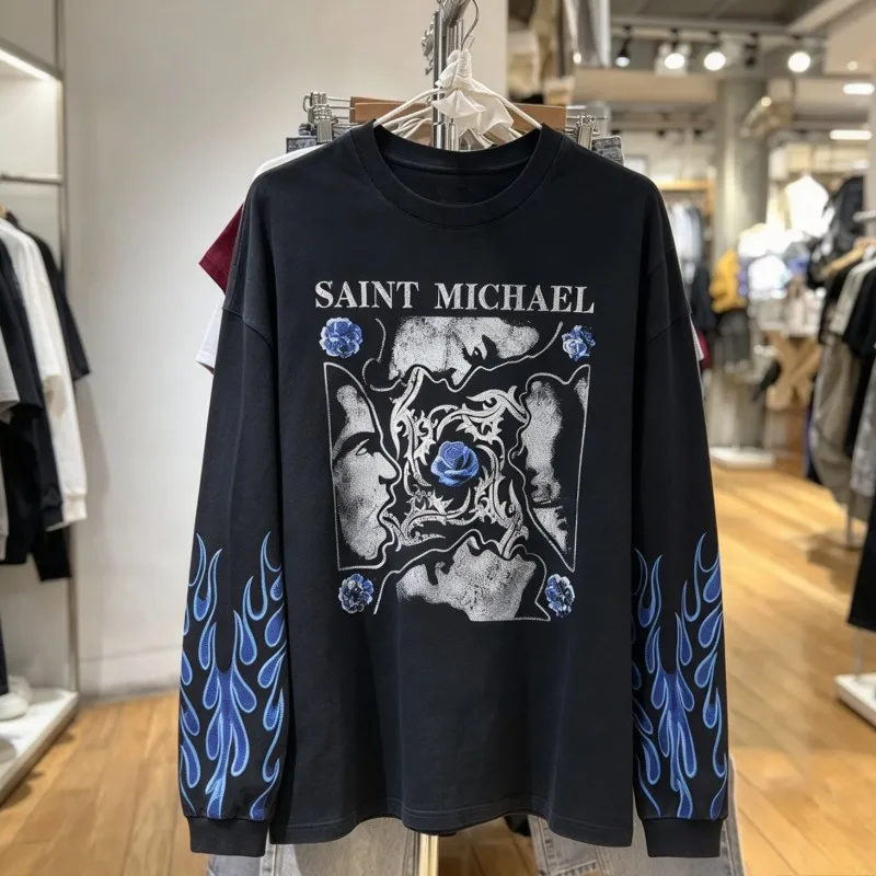 Men Women Saint Long Sleeve Tshirt Blue Flame Retro Distressed Graffiti Print Black Round Neck Tops Casual Breathable Streetwear
