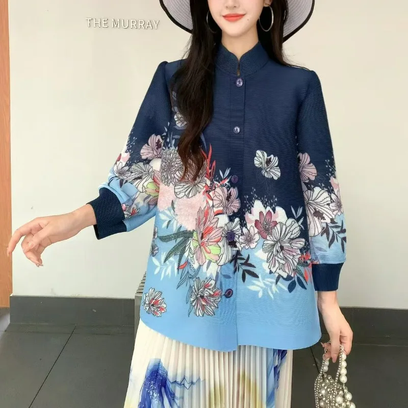 

Miyake pleated shirt women's retro printed lantern sleeves loose casual mom outfit