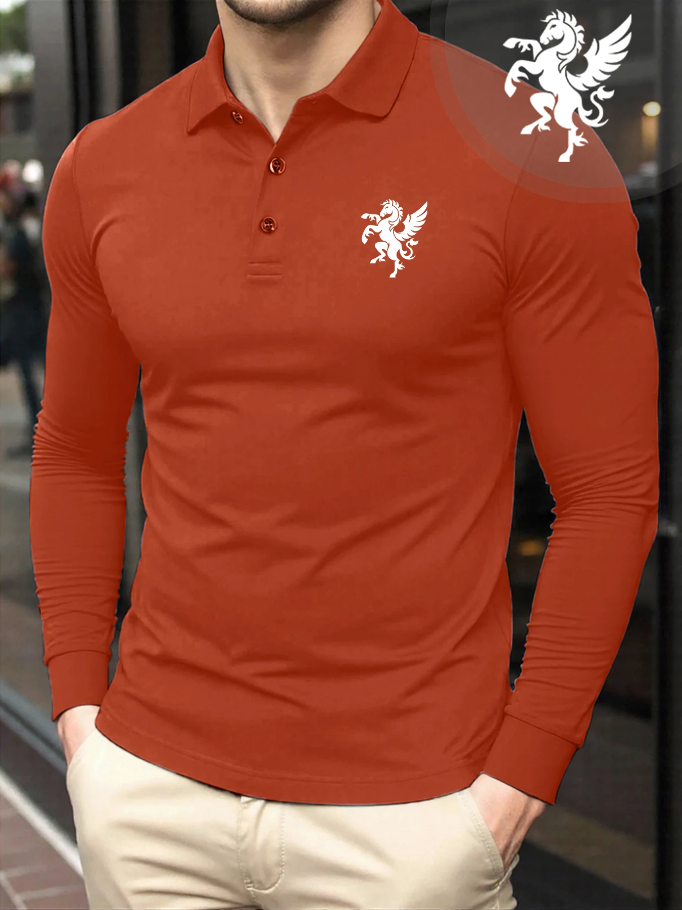 

Flying Steed Creative Print Polo Shirts Men Basics Turn-Down Collar T Shirt All-Match Casual Long Sleeve Autumn Soft Man Clothes