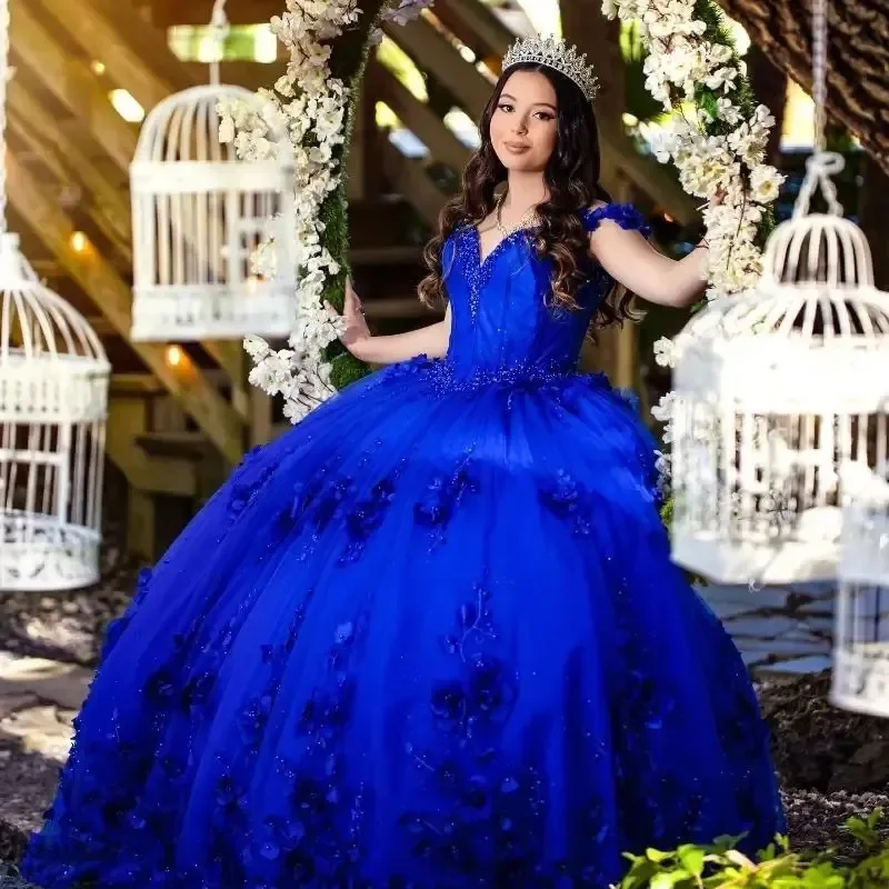 ROYAL BLUE Ball Gown ลูกปัดปิดไหล่ Quinceanera ชุด Tull PARTY วันเกิดรัดตัวหวาน Vestidos De 15 Anos ที่กําหนดเอง