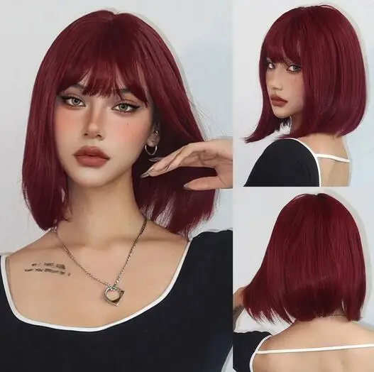 

Wine Red Wigs Short Straight Synthetic Wig for Women Burgundy Cosplay Wig with Bangs Party Lolita Hairs Heat Resistant Fiber