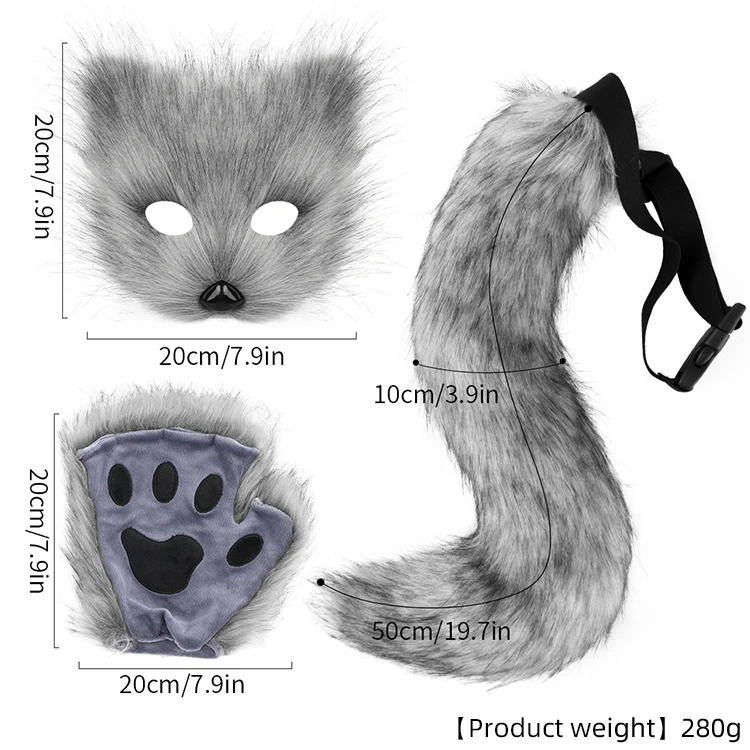 Christmas Gift 3pcs, Halloween Costume Party Set Realistic Fox Mask Gloves Plush Tail Handmade Furry Tail image 6