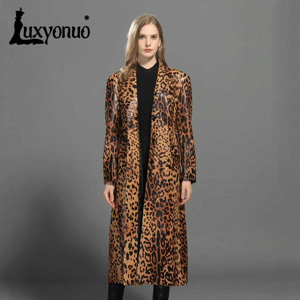 Luxyonuo Women's Real Leather Long Coat Lady Fashion Leopard Print Sheepskin Trench Coat Genuine Leather Jacket Fall New Arrival