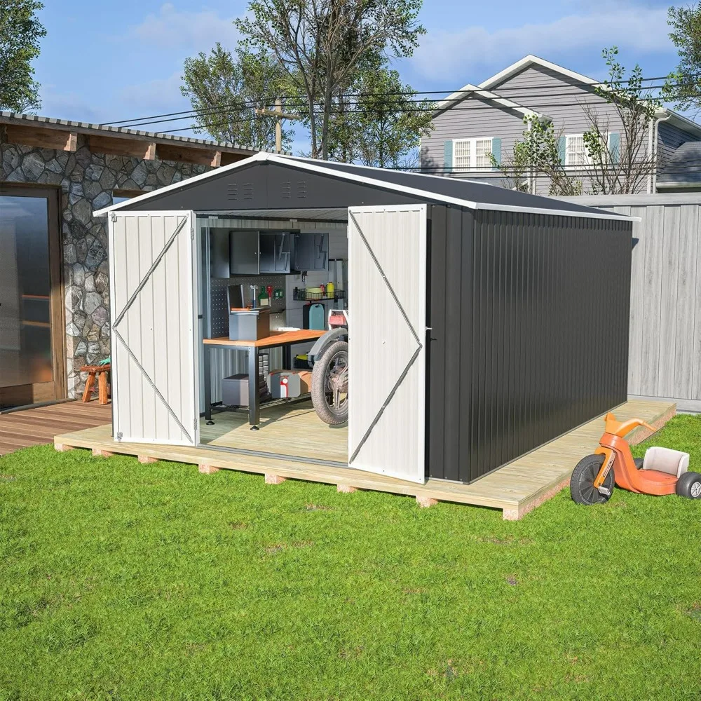 10×12 FT Outdoor Storage Shed,Metal Waterproof Tool Sheds with Lock and Key,Heavy-Duty Sheds Unit W/Doors and Vents,Galvanized