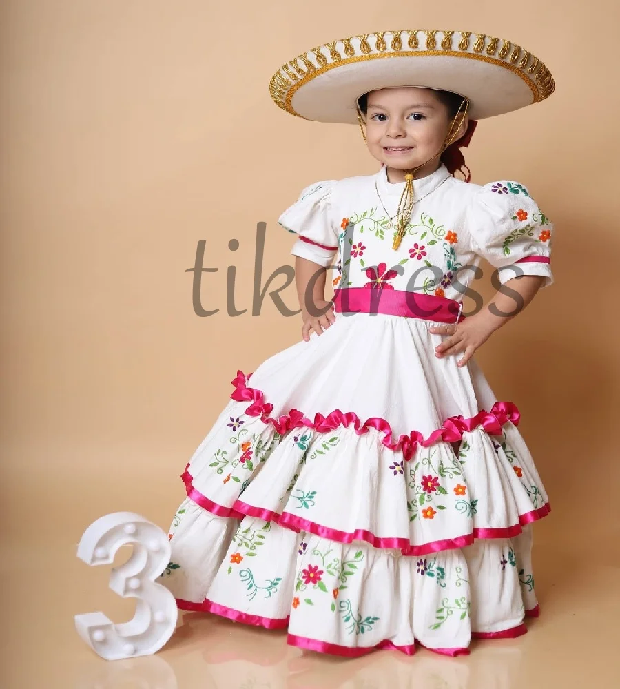 

Mexican Charro Flower Girls Dress With Embroidery Escaramuza Folk Pageant Dress Colorful Flower Kids Birthday Party Customized