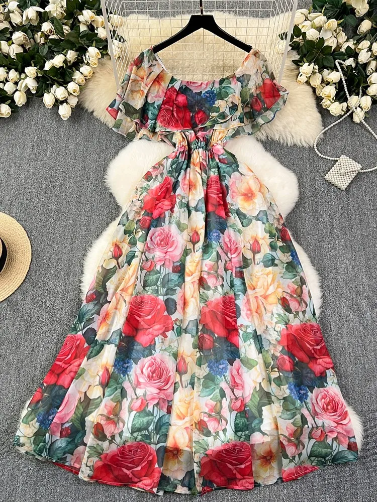 Lusumily 2024 New Long Dress Women Summer Camellia Printed Boho Dress Chiffon Holiday Elastic Waist Dress Casual Lady Rober