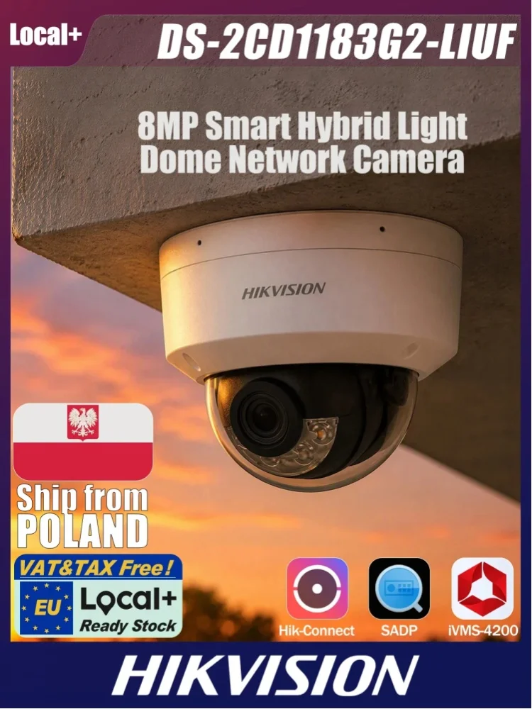 DS-2CD1183G2-LIUF Hikvision Polen Lokal+8MP PoE Hybrid Light Dome IP-Kamera, 30m Smart Supplement Light, Person- und Fahrzeugerkennung, 120dB WDR, 512GB MicroSD-Steckplatz, 2,8mm 4mm Objektiv, IP67