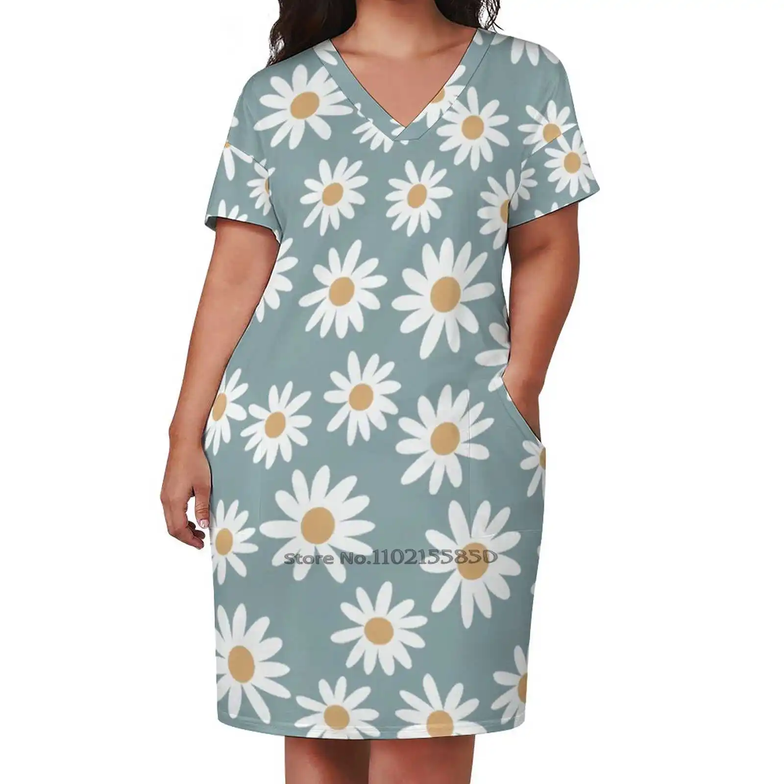 

Blue Daisies - Daisy Pattern Floral Florals Flower Retro Vintage Loose Pocket Dress Summer Sexy V Neck Dress Print Short Sleeve