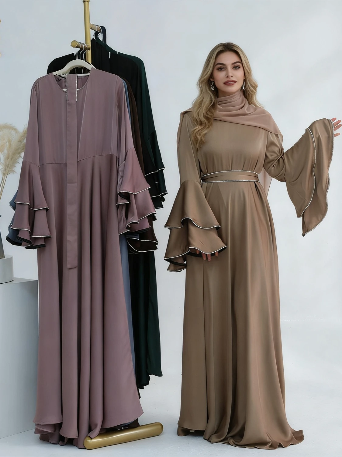 

Ид женское платье с расклешенными рукавами и бисером Абая мусульманское Джалабия Рамадан атласное элегантное платье Vestidos Largos вечерние платья арабский длинный халат