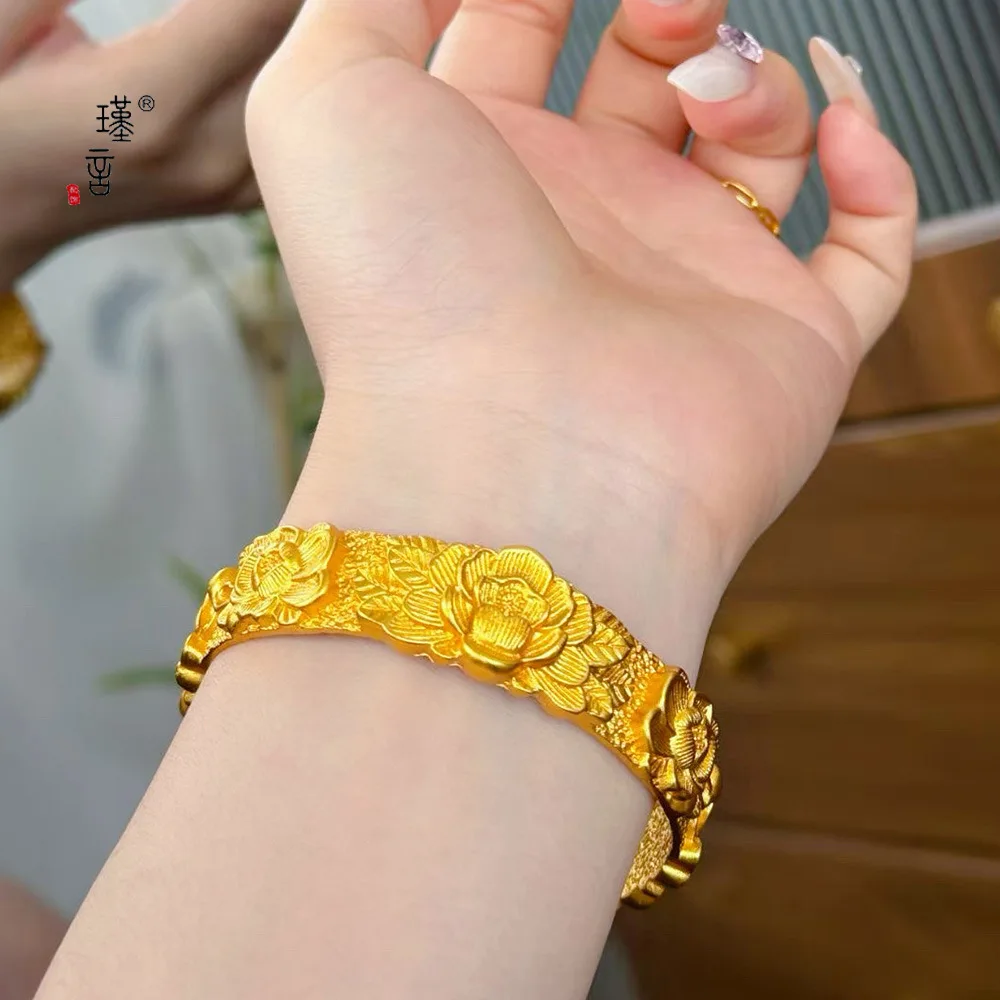 AU999 24K Gold Peony Bangle of National Beauty and Elegance for Women, 3D Carved Exquisite Chinese Wrist Accessory