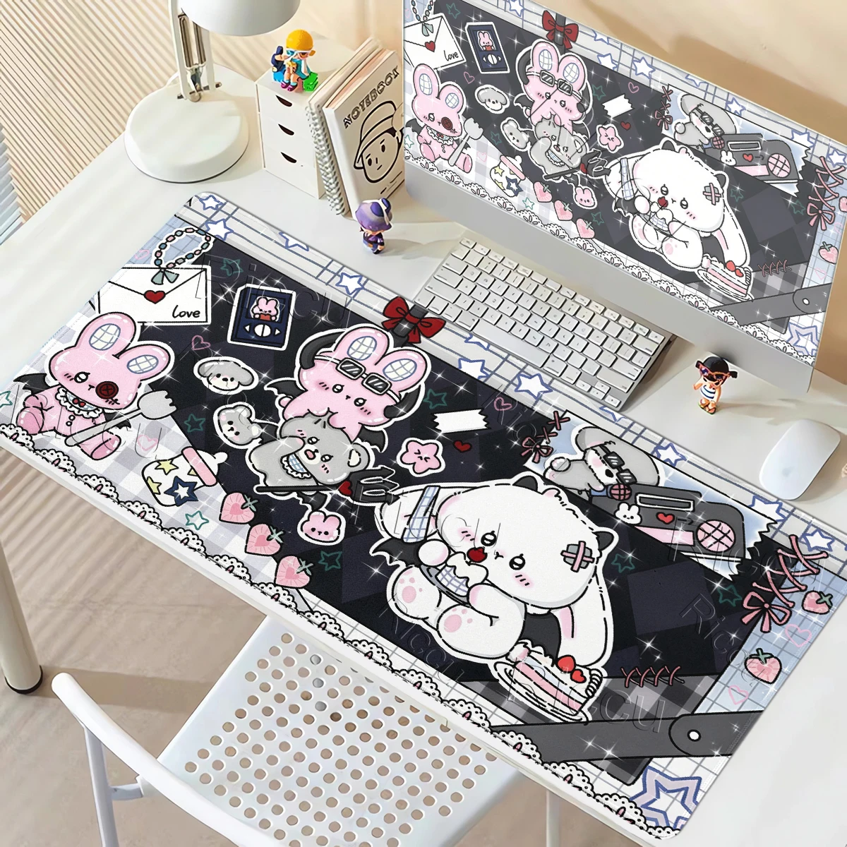 Black White Gothic Demon Bunny Aesthetic Mouse Pad Pink Gaming Non-Slip Mouse Mat PC Accessorie Mat Kawaii Rabbit Decor LockEdge