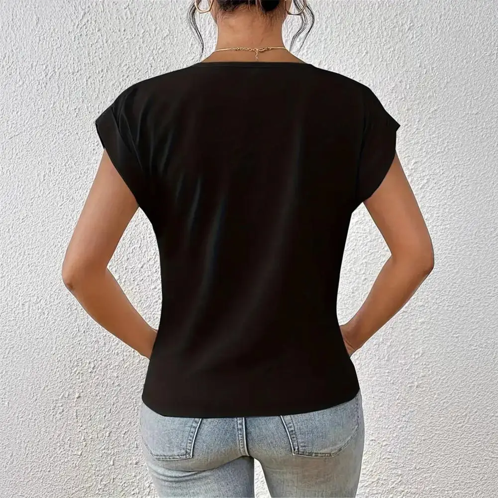 

Women Tops Blouse Shirt V-Neck Short Sleeve Wrinkle Design Tee Shirt Solid Color Loose Fit Cross-Pleated Tops Boho Summer Lady