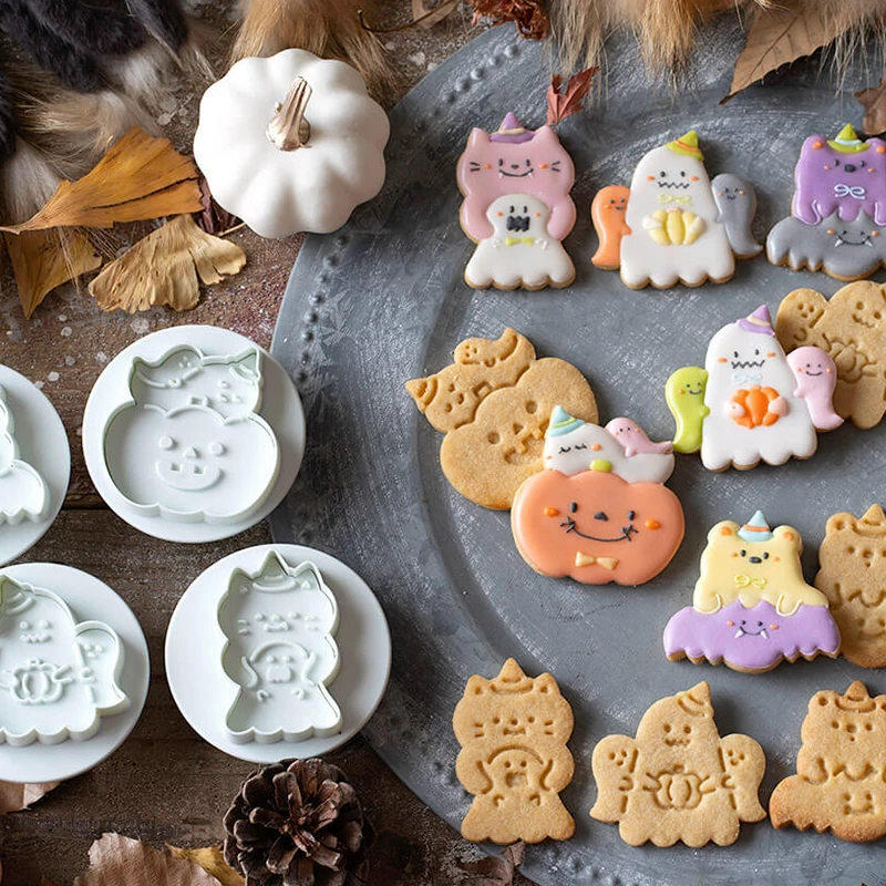 Halloween 3D Cookie Cutters Plastic Pumpkin Embosser Stamp Biscuit Mold Fondant Pastry Molds Cartoon Cake Decoration Tool