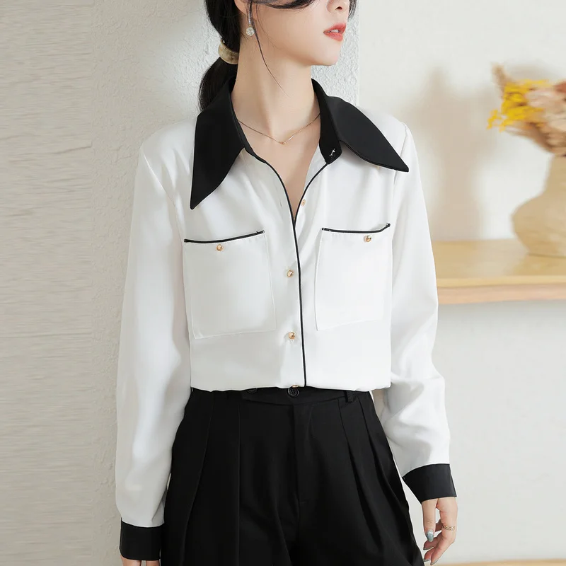 

Elegant Women's Chiffon Blouse 2023 Elegant Autumn Korean Long Sleeve Patchwork Chic Casual Loose Office Lady Shirts Tops Female