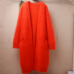 Donna donna autunno inverno abbigliamento peloso peluche visone Cashmere lavorato a maglia maniche lunghe maglione lungo allentato cardigan cappotto di pelliccia Angora