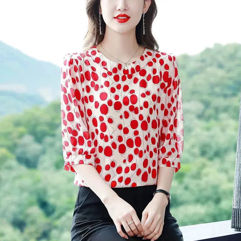 Summer New Round Neck Half Sleeve T-shirt Women Fashion Polka Dot Printing Loose Pullovers Korean Style Thin Style Ladies Tees