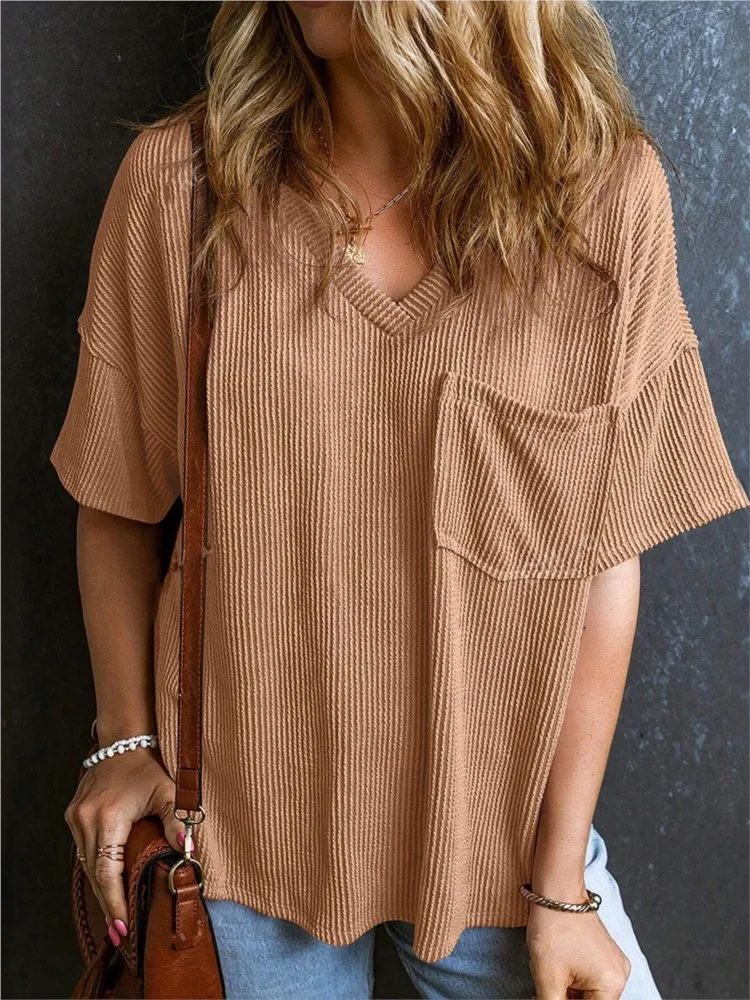 

Women's Spring Summer New Fashion Two Tone Pocket Short Sleeve Sexy V-neck Casual Loose Top For Women