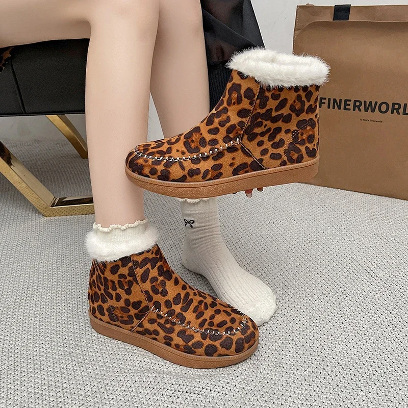 Moda feminina botas de algodão plana inverno nova cabeça redonda leopardo impressão camurça zíper lateral antiderrapante botas curtas