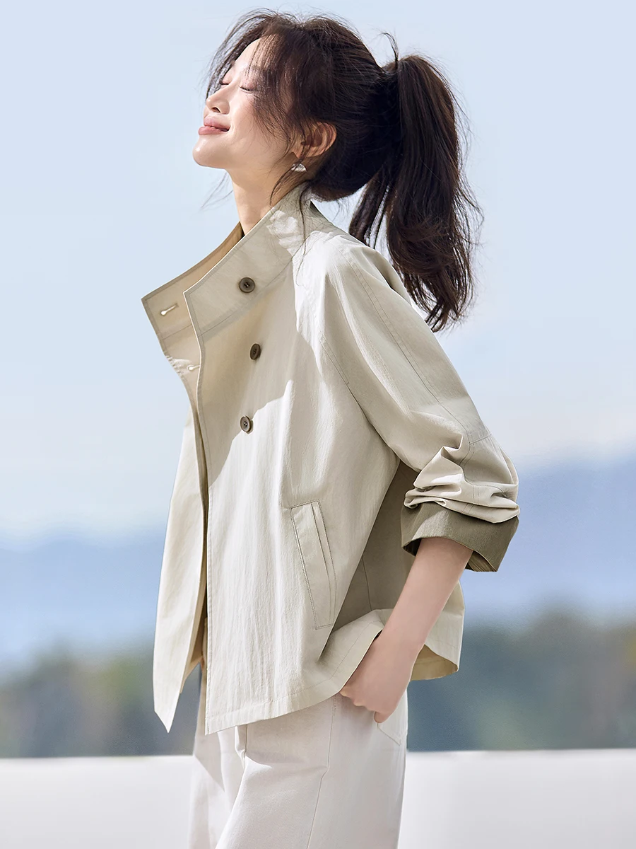 

Mehaimei Korean Sle ort Stand Collar Smooth Cut Women's Jaet Spring 2026 New Arrival Cotton Nylon Fiber Seven Sve