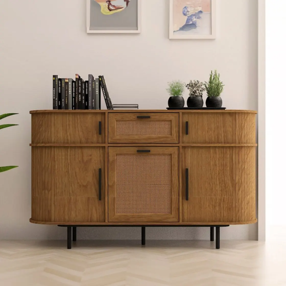 Wooden Cutlery with Rattan Decoration Living and Dining Room Lockers