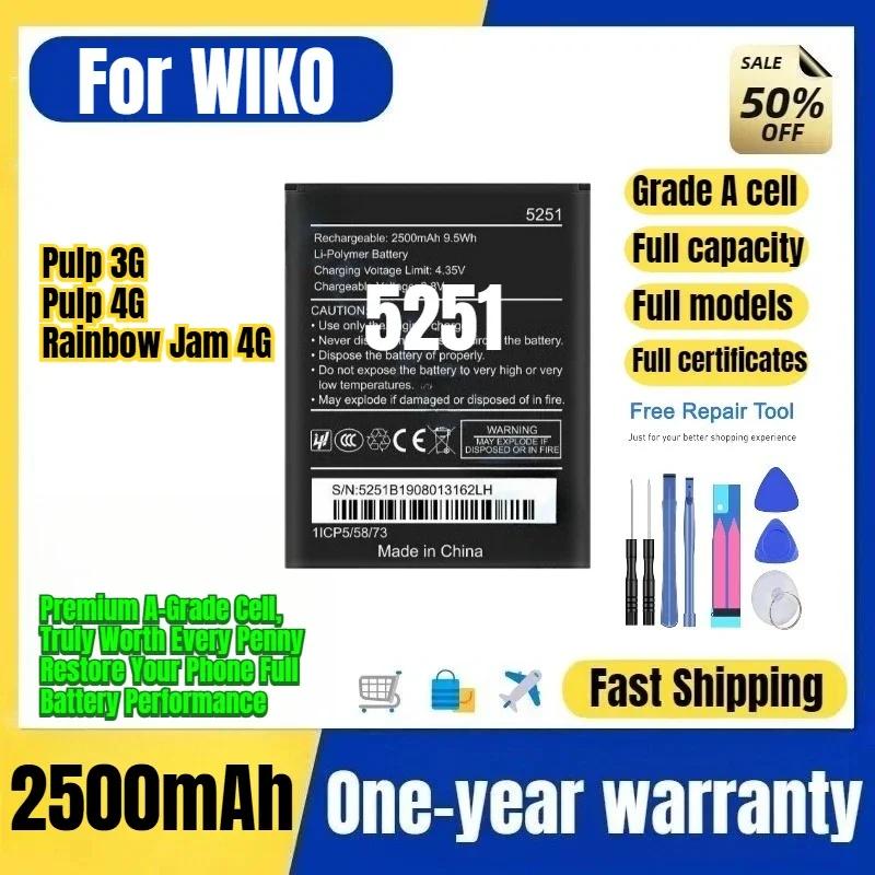 5251 for WIKO Pulp 3G/Pulp 4G/Rainbow Jam 4G Phone Battery  High Capacity Battery Replacement Bateria Grade A Cell with Tools