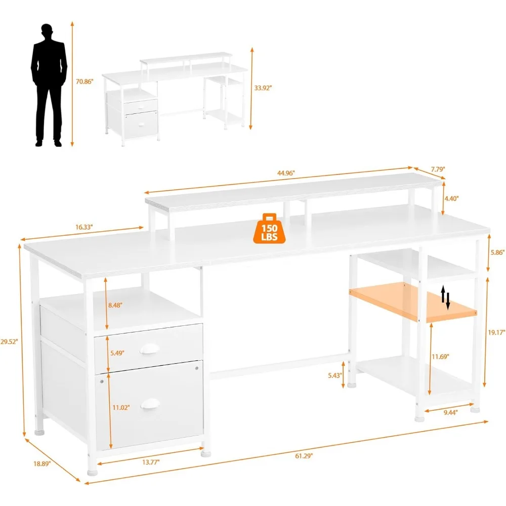 61" Computer Desk with Fabric File Cabinet & Drawer, Reversible White Desk with Storage Shelf, Office Desk with Long Monitor