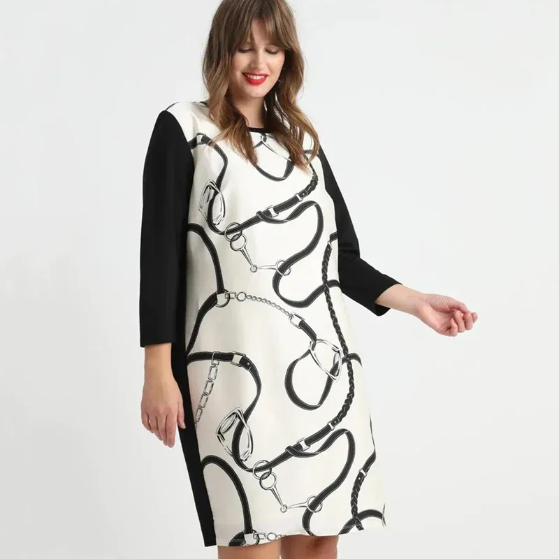 

Plus Size Floral Print Elegant Dress Women White And Black Loose Midi Dress Ladies Large Size Spring Summer Casual Dress 6XL 7XL