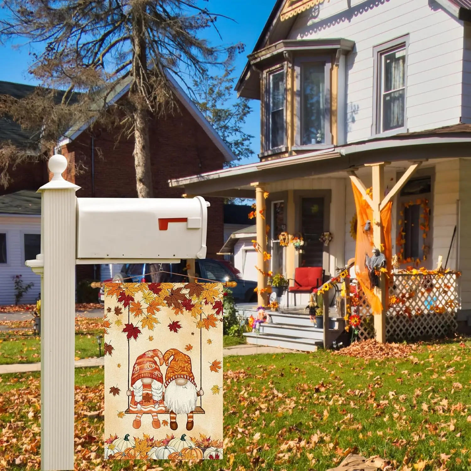 Fall Gnomes Swing Maple Leaves Pumpkins Autumn Garden Flag Yard Flag 12x18 Inch Double Sided Small Mini Yard Outdoor Outside JHH