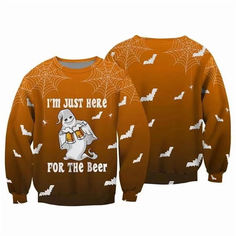 

3D Print Funny Beer Pattern Round Neck Sweatshirt Halloween Theme Graphic Men's Casual Pullover Fashion Creative Long Sleeve Top