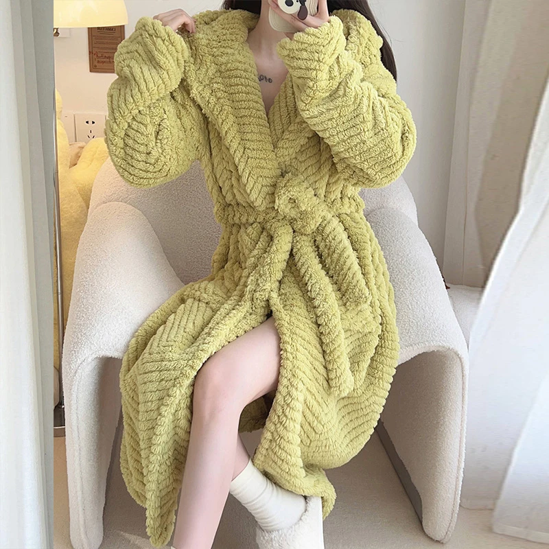 Nightgown Women\'s Autumn Winter Coral Fleece Robe Nightwear Long Plush Thickened Sweet Bathrobe Warm Flannel Home Wear Sleepwear