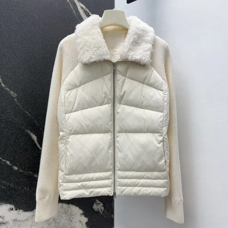 Doudoune à la mode pour femme, avec revers en peluche chaud et manteau à pain à manches tricotées en patchwork, nouvelle collection hiver 2025