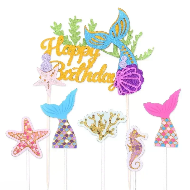 Mermaid Tail Cake Topper Baby Kids Happy Birthday Wedding Anniversary Party Cake Decor DIY Baking Cupcake Toppers Cake Toppers