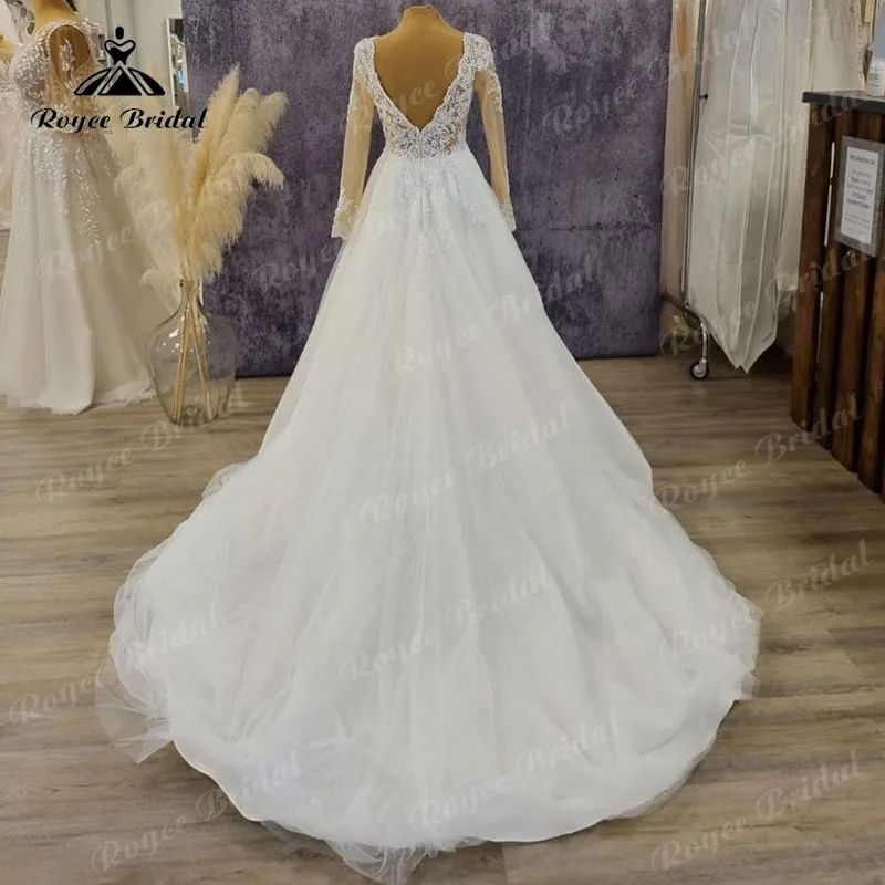 Roycebridal-Vestido De Novia elegante De manga larga con encaje y tul, Vestido De Novia elegante con Espalda descubierta, 2023