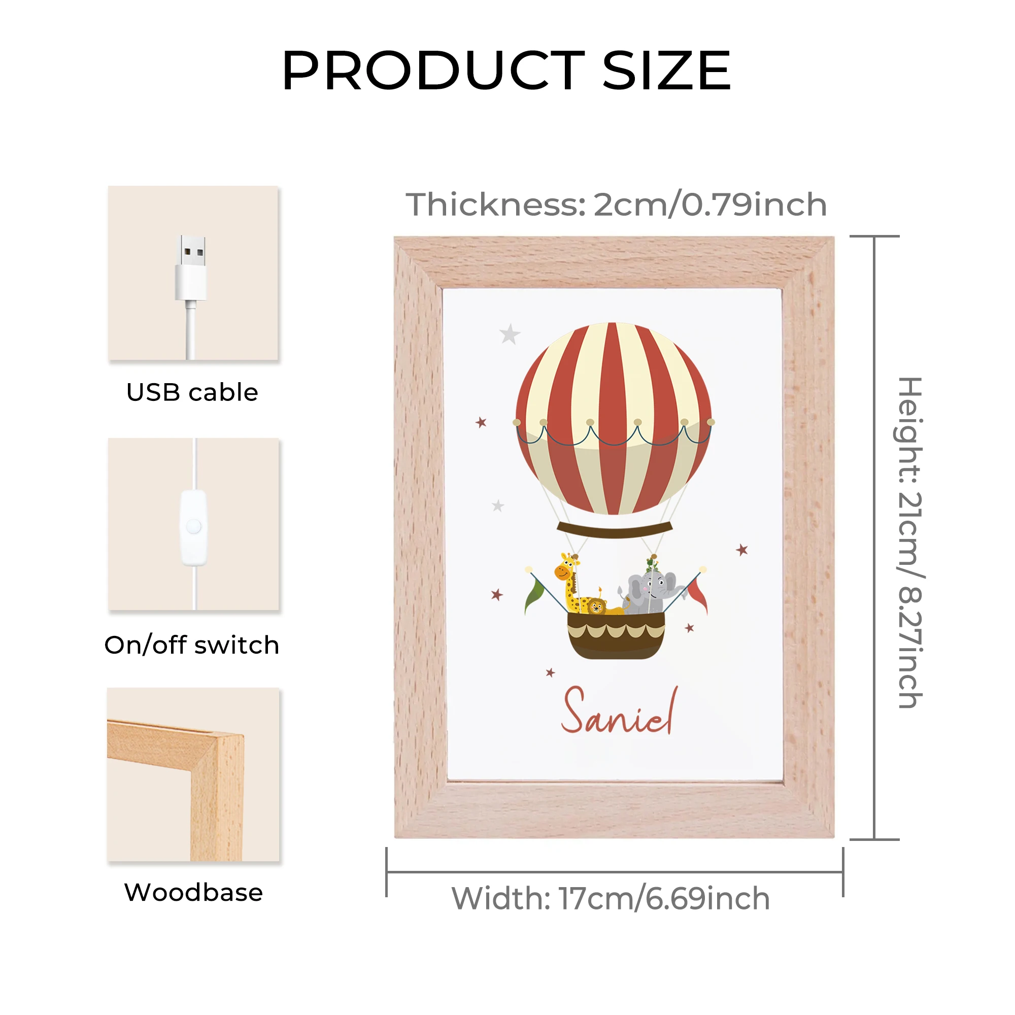 2D شقة مخصصة اسم منطاد الهواء الساخن LED الاكريليك ليلة ضوء الخشب إطار صور 21x17 سنتيمتر الكرتون غرفة نوم الأطفال هدايا ديكور المنزل