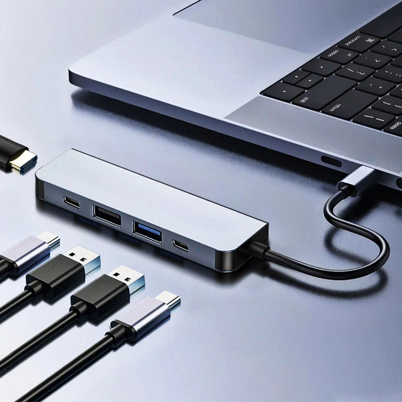 5 in 1 ประเภท C USB 3.1 ถึง 4K @ 30Hz HDTV PD 100w 5Gbps USB3.0/2.0 พอร์ตอลูมิเนียม Hub USB-C ข้อมูล Sync OTG สําหรับ Macbook แล็ปท็อป