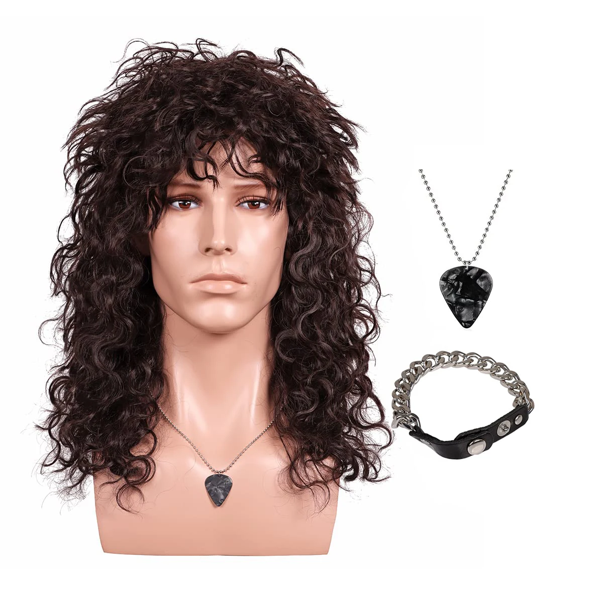 

70 80s Long Curly Dark Brown Cosplay Wig with Necklace and Mater Bracelet for Eddie Munson Stranger Things 4 Halloween