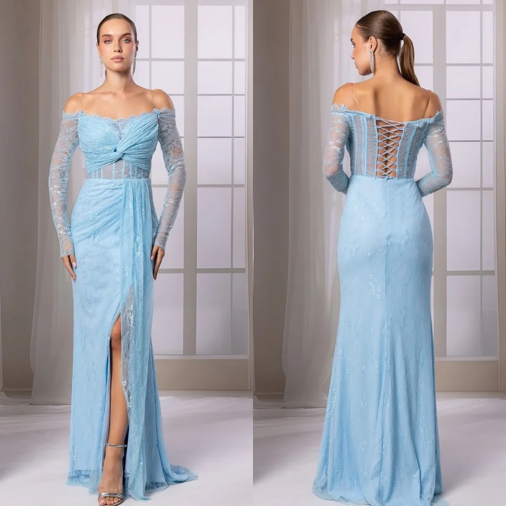 

Customized Modern Style Intricate Lace Ruched Straight Off-the-shoulder Long Dresses Bespoke Occasion Dresses Matching Fashion
